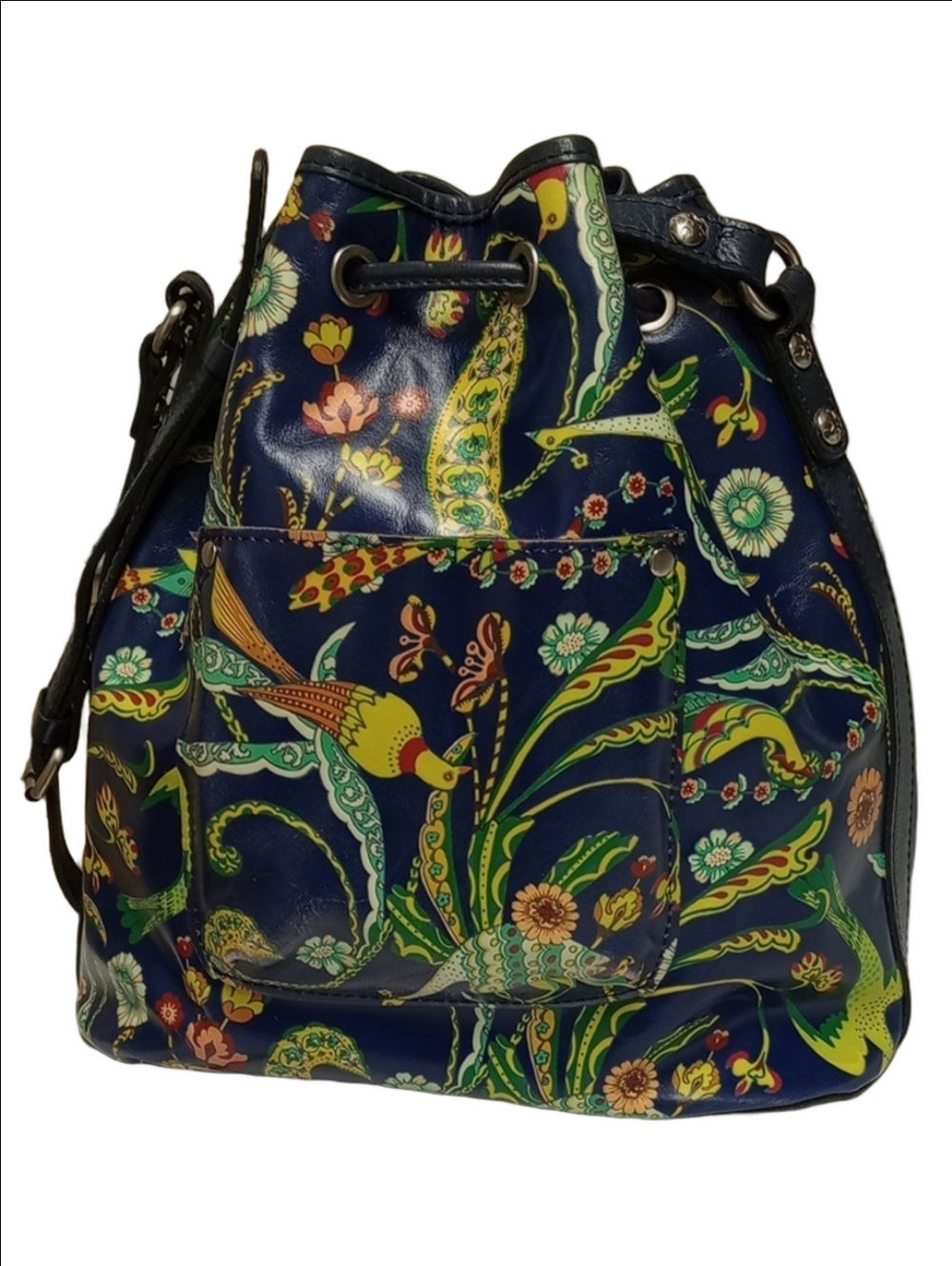 PATRICIA NASH SABINA BIRDS OF PARADISE TROPICAL FLORAL NAVY BLUE DRAWSTRING BAG - Picture 4 of 16